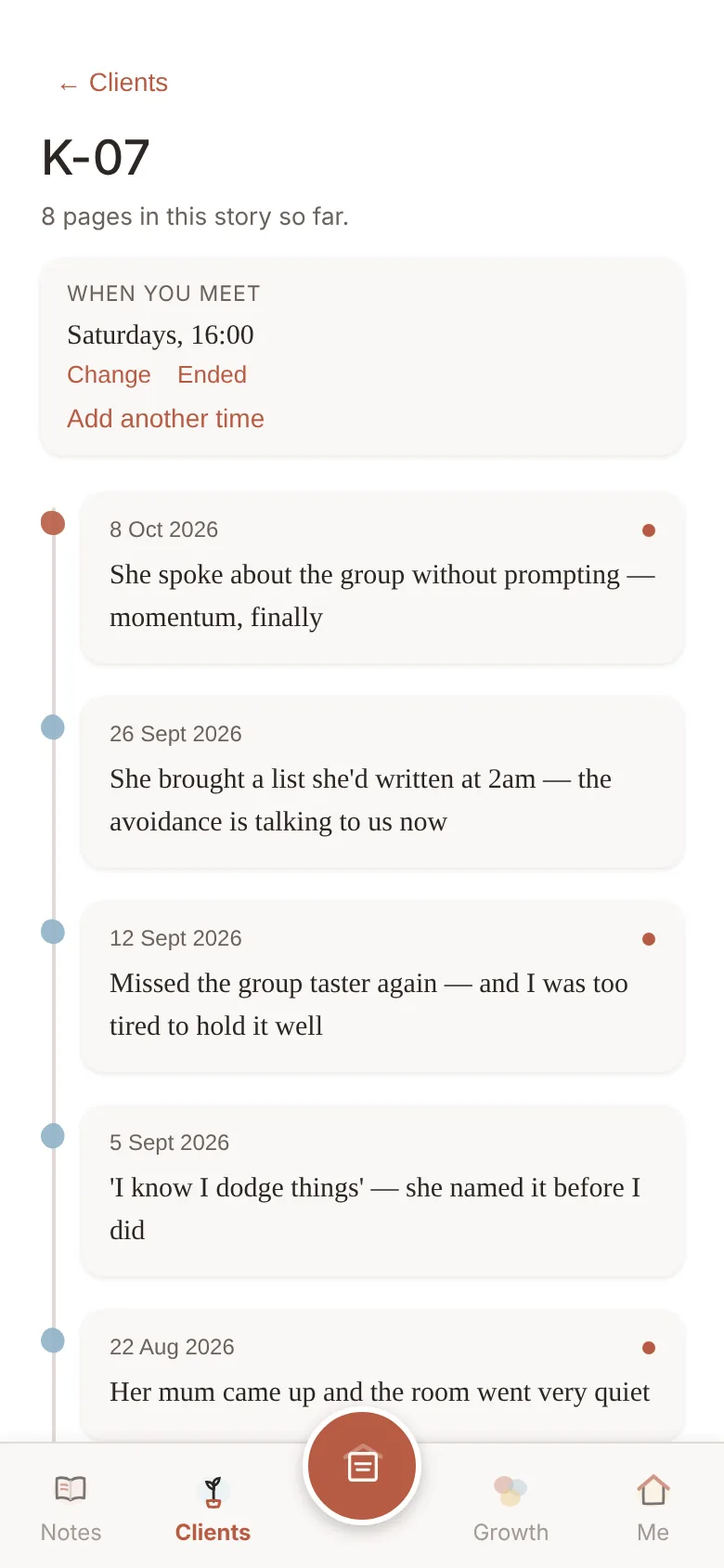 K-07's timeline: eight pages in order, flagged ones marked with a dot.